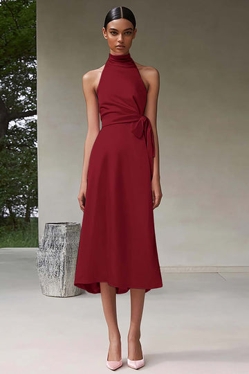 Black Satin A Line High Neck Sleeveless Midi Formal Dress